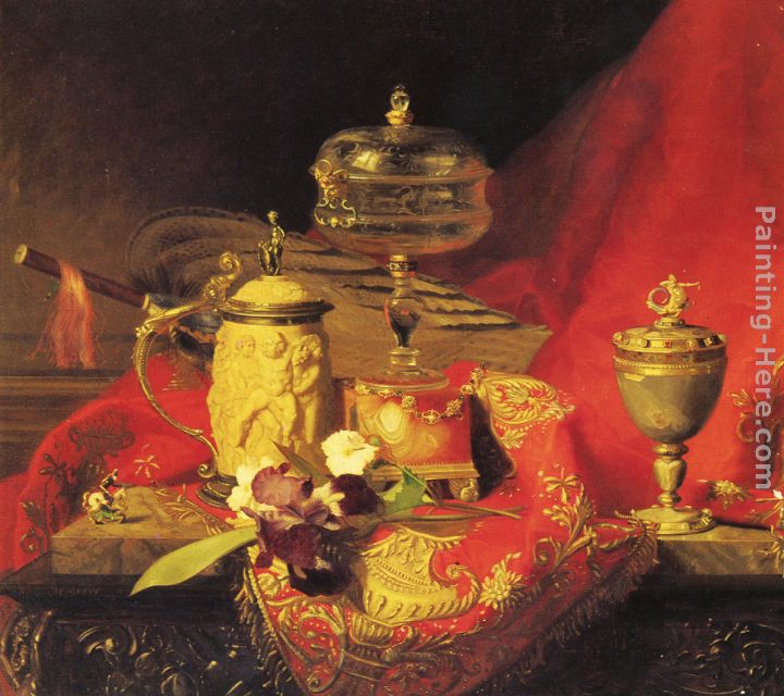 A Still Life With Iris And Urns On A Red Tapestry painting - Blaise Alexandre Desgoffe A Still Life With Iris And Urns On A Red Tapestry art painting